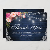 の素朴青結婚木ピンクのフローラジャイルライト サンキューカード (正面/裏面)