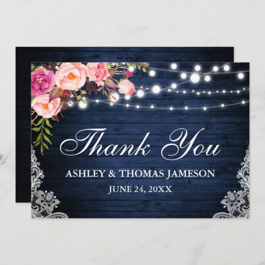 の素朴青結婚木ピンクのフローラライトレース サンキューカード (正面/裏面)