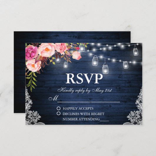 の素朴青結婚木ピンクのフローラライトレース 出欠カード (正面/裏面)