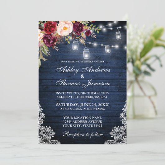 の素朴青結婚木ライトジャースレースフローラ 招待状 (スタンド正面)