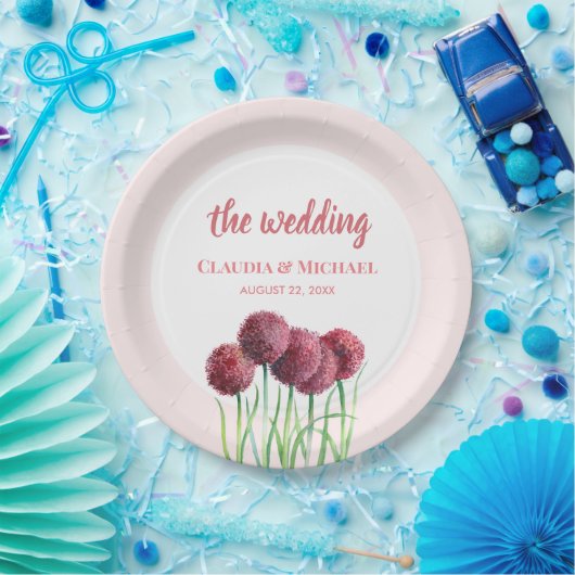 の紫結婚ピンクのアリウム花の水色スクア ペーパープレート (パーティー)