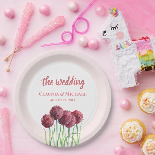 の紫結婚ピンクのアリウム花の水色スクア ペーパープレート (パーティー)