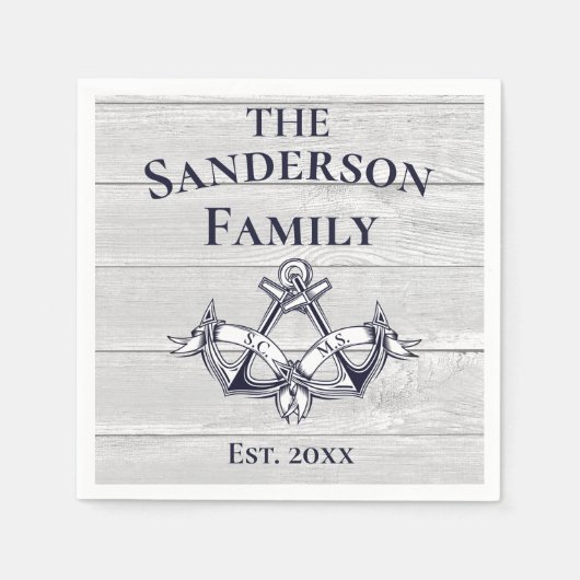の結婚いかりネイビーブルーホワイト航海のウッド スタンダードカクテルナプキン (正面)