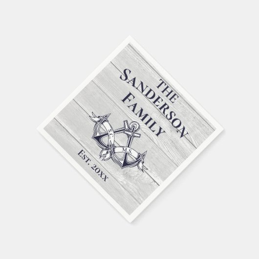 の結婚いかりネイビーブルーホワイト航海のウッド スタンダードカクテルナプキン (角)