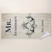 の結婚いかりネイビー・ブルー・モノグラ航海のム ビーチタオル (正面)