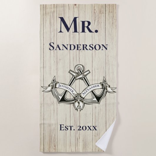 の結婚いかりネイビー・ブルー・モノグラ航海のム ビーチタオル (正面)