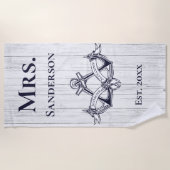 の結婚いかりネイビー・ブルー・モノグラ航海のム ビーチタオル (正面)