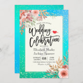 の結婚お祝いピンクフローラティール（緑がかった色）金ゴールド紙吹雪 招待状 (正面/裏面)