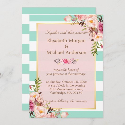 の結婚お祝いピンクフローラミントグリーンストライプ 招待状 (正面/裏面)