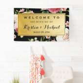 の結婚お祝いブラック金ゴールドヴィンテージフローラ 横断幕 (インサイチュ)