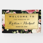 の結婚お祝いブラック金ゴールドヴィンテージフローラ 横断幕 (横)