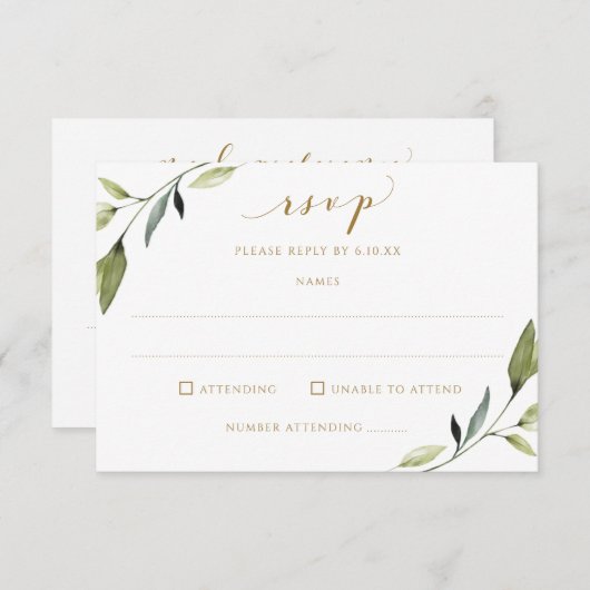 の結婚つる植物の食事の選択と歌の緑の金ゴールド 出欠カード (正面/裏面)