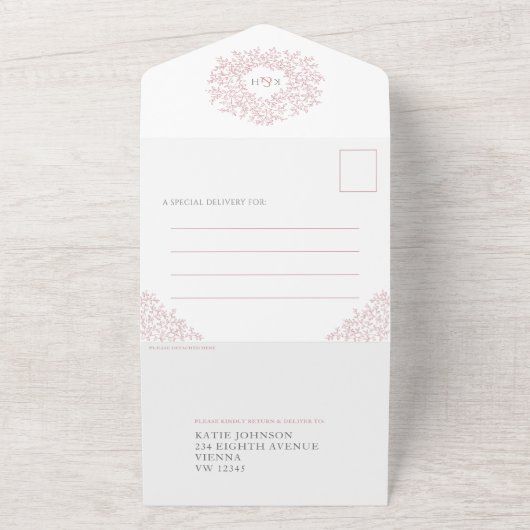 の結婚ほこりっぽいピンクの白い葉の写真主食RSVP オールインワン招待状 (外側)