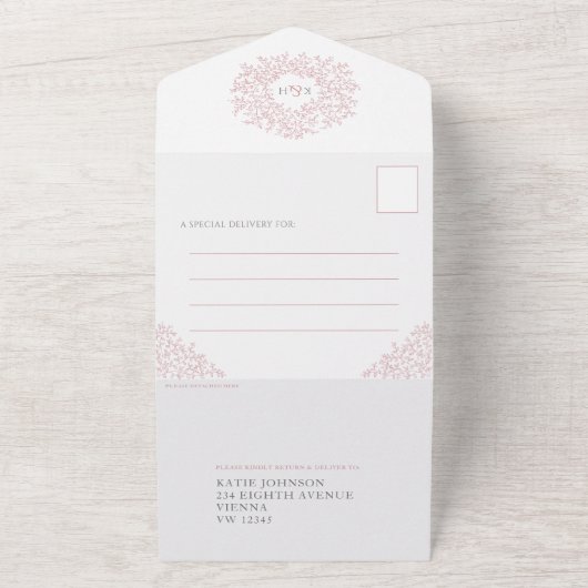 の結婚ほこりっぽいピンクの白葉色の写真の食事RSVP オールインワン招待状 (外側)