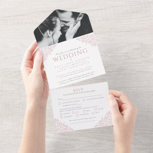 の結婚ほこりっぽいピンクの白葉色の写真の食事RSVP オールインワン招待状 (貼ってはがせる)