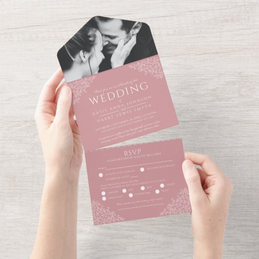の結婚ほこりっぽいピンクの白葉色の写真の食事RSVP オールインワン招待状 (貼ってはがせる)