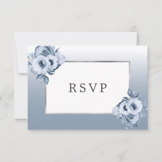 の結婚ほこりっぽいブルー花模様シックなシルバーRSVP 出欠カード (正面)