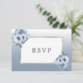 の結婚ほこりっぽいブルー花模様シックなシルバーRSVP 出欠カード (スタンド正面)