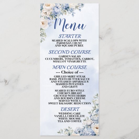 の結婚ほこりっぽい青い水の色のアイボリー花ディナー メニュー (正面)