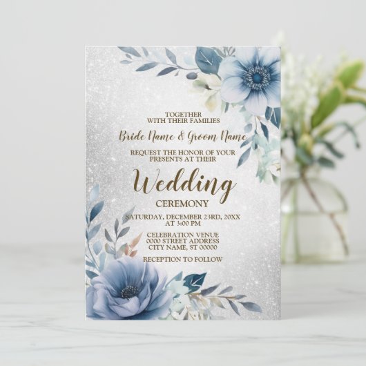 の結婚ほこりっぽい青い水色の花シルバー 招待状 (スタンド正面)