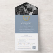 の結婚ほこりっぽい青い白金ゴールドハートモノグラムQR オールインワン招待状 (内側)