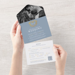 の結婚ほこりっぽい青い白金ゴールドハートモノグラムQR オールインワン招待状
