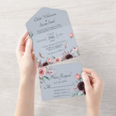 の結婚ほこりっぽい青とピンクの水の色フローラ オールインワン招待状 (貼ってはがせる)