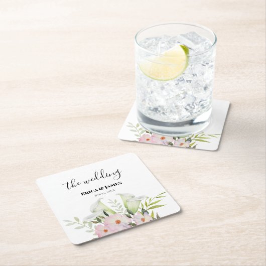 の結婚やさしい白いカラリリーバラ水色 スクエアペーパーコースター (インサイチュ)