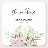 の結婚やさしい白いカラリリーバラ水色 スクエアペーパーコースター (正面)