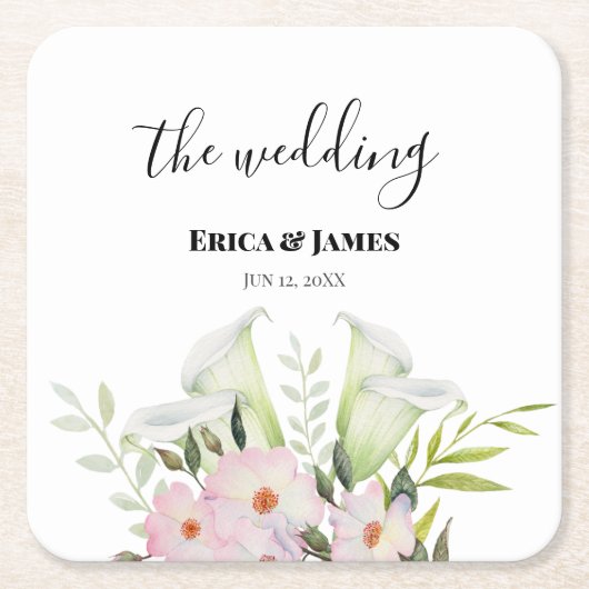 の結婚やさしい白いカラリリーバラ水色 スクエアペーパーコースター (正面)