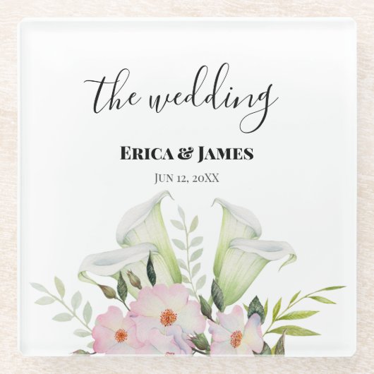 の結婚やさしい白いカラリリーバラ水色S ガラスコースター (正面)