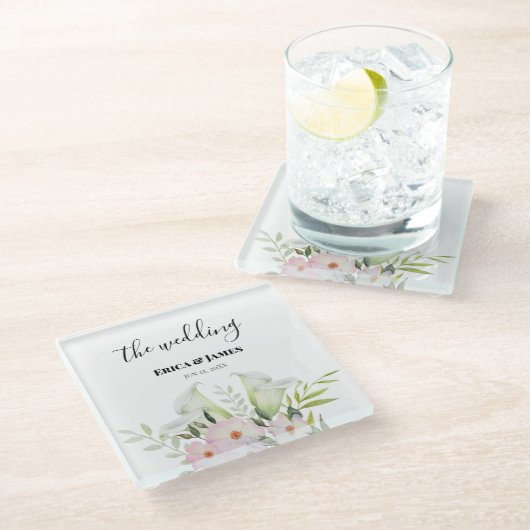 の結婚やさしい白いカラリリーバラ水色S ガラスコースター (アングル)