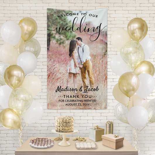 の結婚ようこそシンプルブラックスクリプト縦写真 横断幕