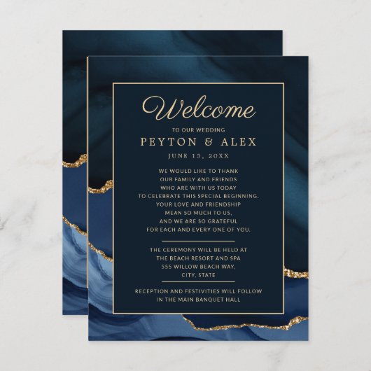 の結婚ようこそ旅程ネイビーブルー金ゴールド大理石 エンクロージャーカード (正面/裏面)