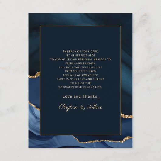 の結婚ようこそ旅程ネイビーブルー金ゴールド大理石 エンクロージャーカード (裏面)