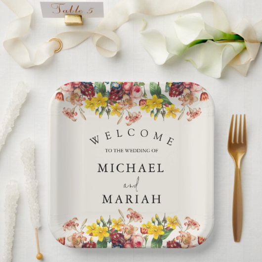 の結婚ようこそ | フローラ結婚の歓迎 ペーパープレート (ウェディング)