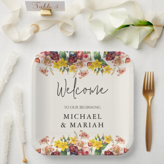 の結婚ようこそ | フローラ結婚の歓迎 ペーパープレート (ウェディング)