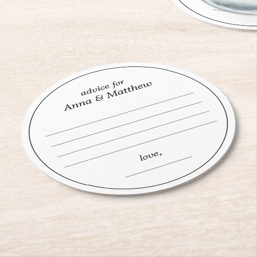 の結婚アドバイスカード |ミニマモダンリストエレガント ラウンドペーパーコースター (アングル)