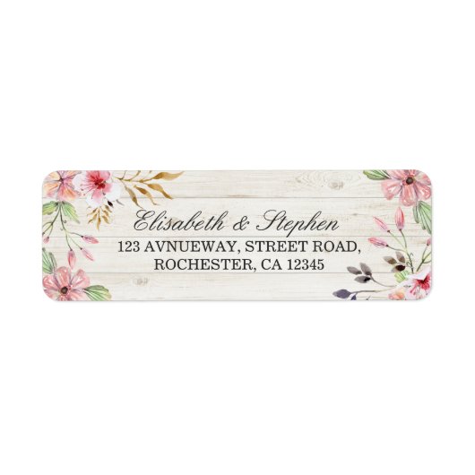 の結婚アドレス水色ピンクの花の木素朴材 ラベル (正面)