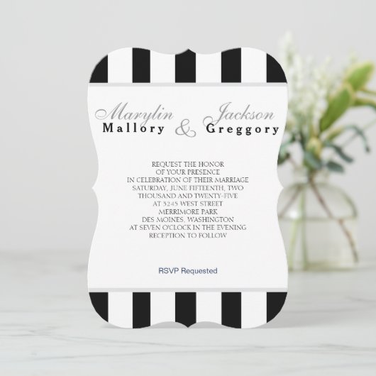 の結婚イベントクラシックネイビーブルー&ホワイトストライプ 招待状 (スタンド正面)