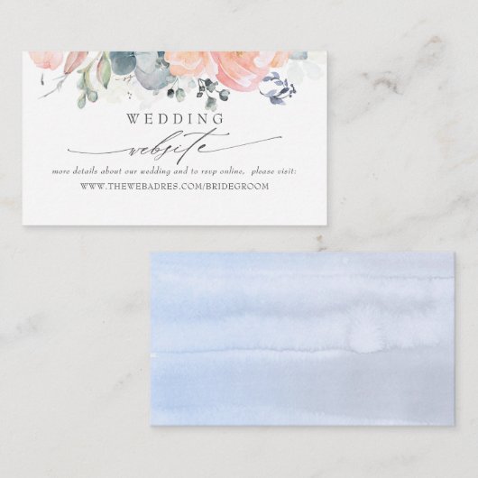 の結婚ウェブサイトほこりっぽい青と桃の葉 名刺 (正面/裏面)