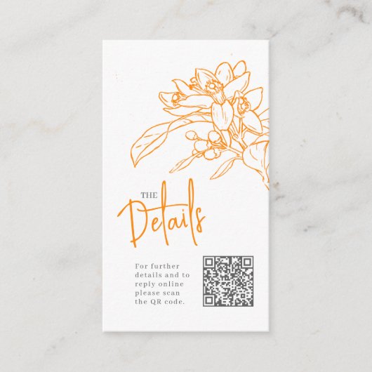 の結婚ウェブサイトオレンジの花の詳細QR結婚 エンクロージャーカード (正面)