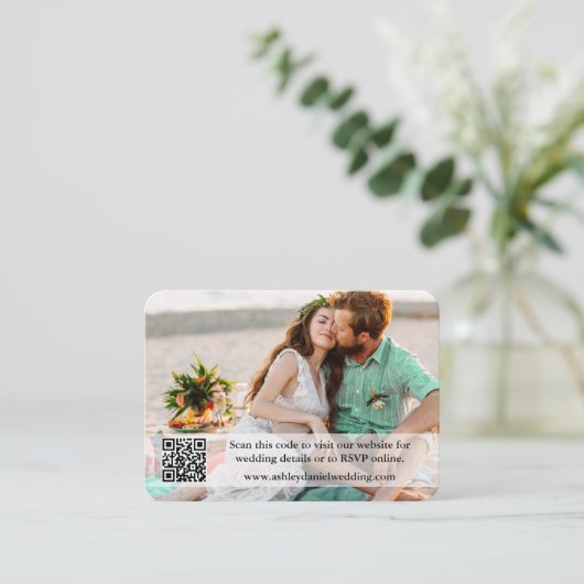 の結婚ウェブサイトQRオーバーレイ写真ネオミントグリーン エンクロージャーカード (スタンド正面)