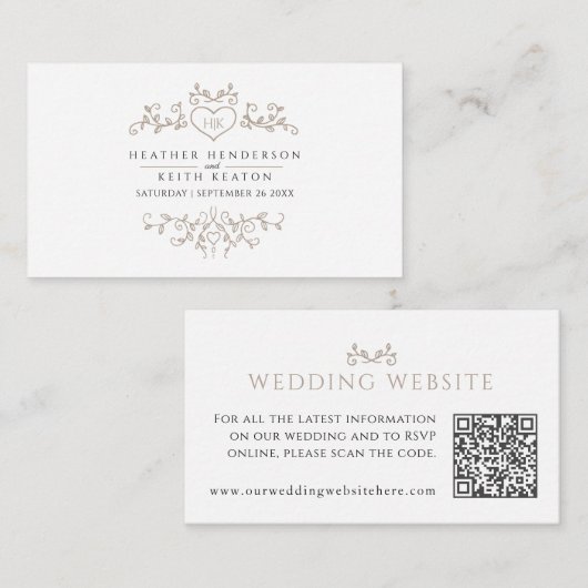 の結婚ウェブサイトQRコードハートリーフモノグラムエンクロージャ エンクロージャーカード (正面/裏面)