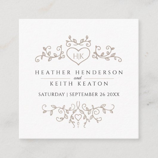 の結婚ウェブサイトQRコードハートリーフモノグラム エンクロージャーカード (正面)