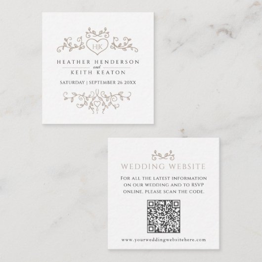 の結婚ウェブサイトQRコードハートリーフモノグラム エンクロージャーカード (正面/裏面)
