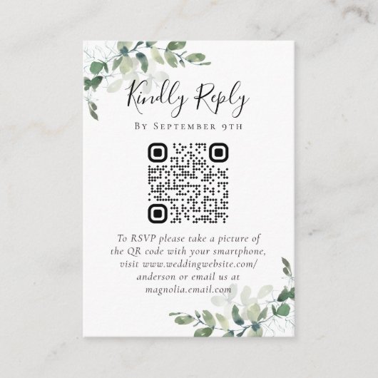 の結婚ウェブサイトQRコード写真ユーカリRSVP エンクロージャーカード (正面)