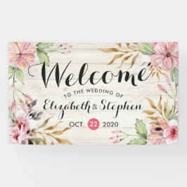 の結婚ウェルカムウォーターカラーピンクの花の木素朴材 横断幕