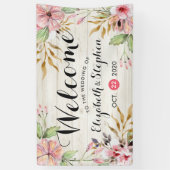 の結婚ウェルカムウォーターカラーピンクの花の木素朴材 横断幕 (縦)