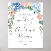 の結婚ウェルカムサインダスティブルーとピンクのフローラ ポスター (正面)
